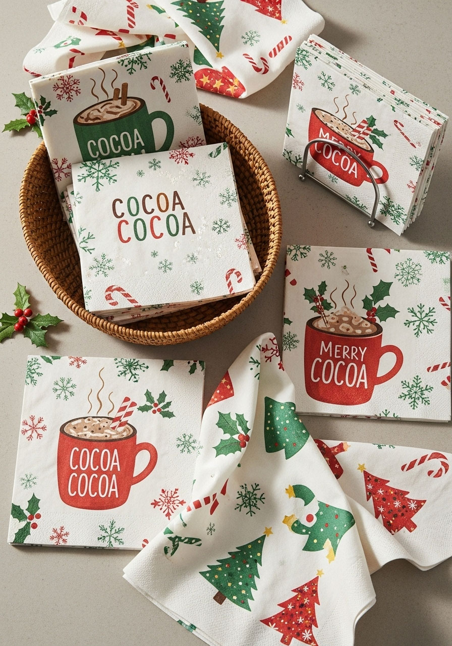 Woven basket filled with neatly folded holiday-themed hot cocoa napkins featuring cocoa mugs and snowflake designs with loose napkins displayed