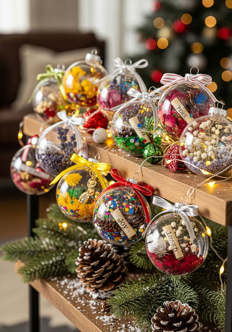 Finished DIY filled ornament garland on shelf showing unique ornaments with various elements