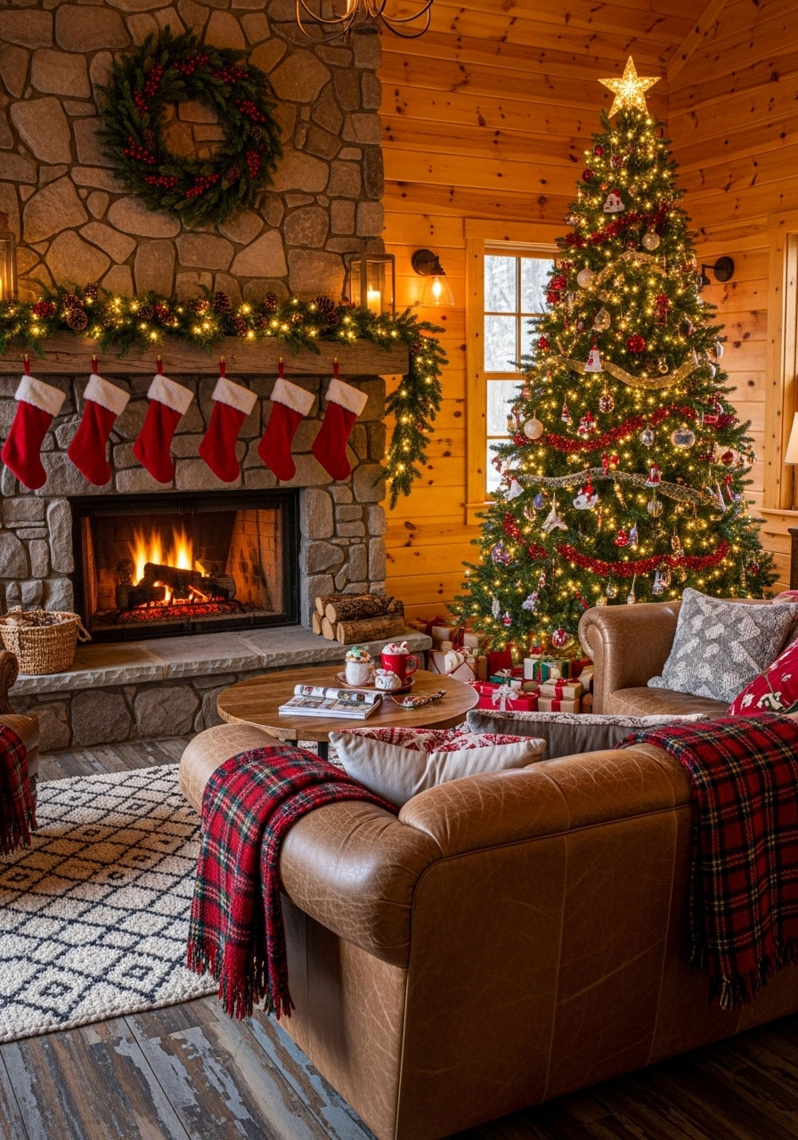 Cozy cabin living room with decorated fireplace, evergreen garland, red stockings, and Christmas tree creating a warm fireside lounge for holiday gatherings