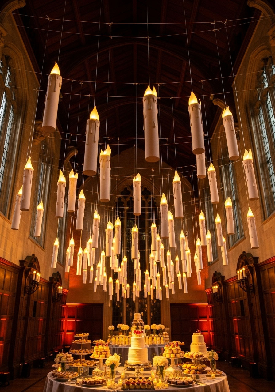 DIY floating candles decoration hanging from ceiling with LED lights for Harry Potter birthday party atmosphere