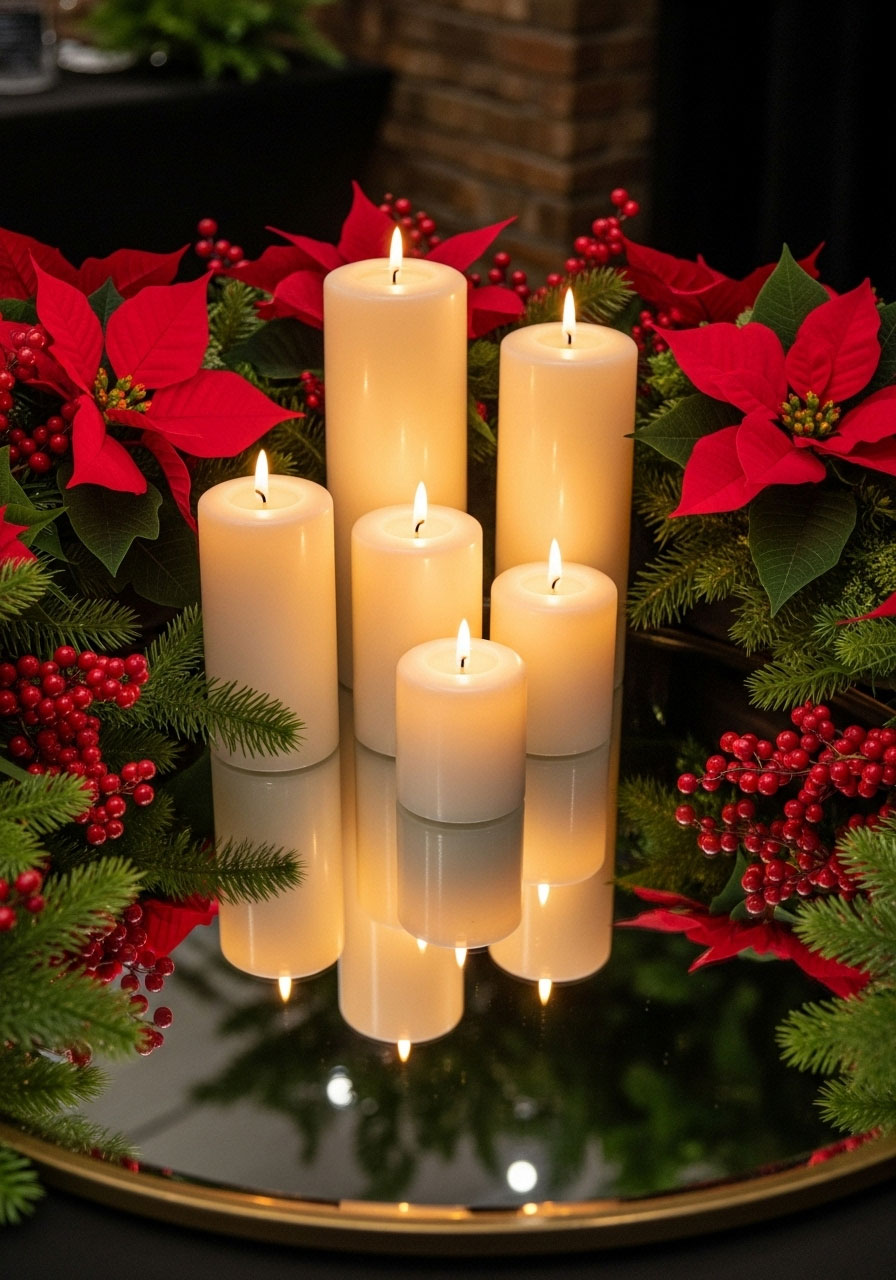 Holiday floral and candle centerpiece on mirror tray with poinsettias and evergreen decoration