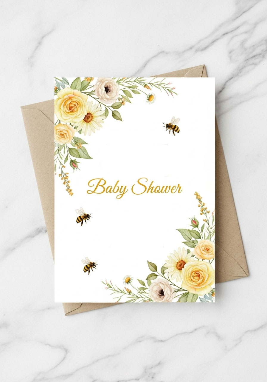 Floral focused honeybee baby shower invitation with flowers and bee accents on marble background