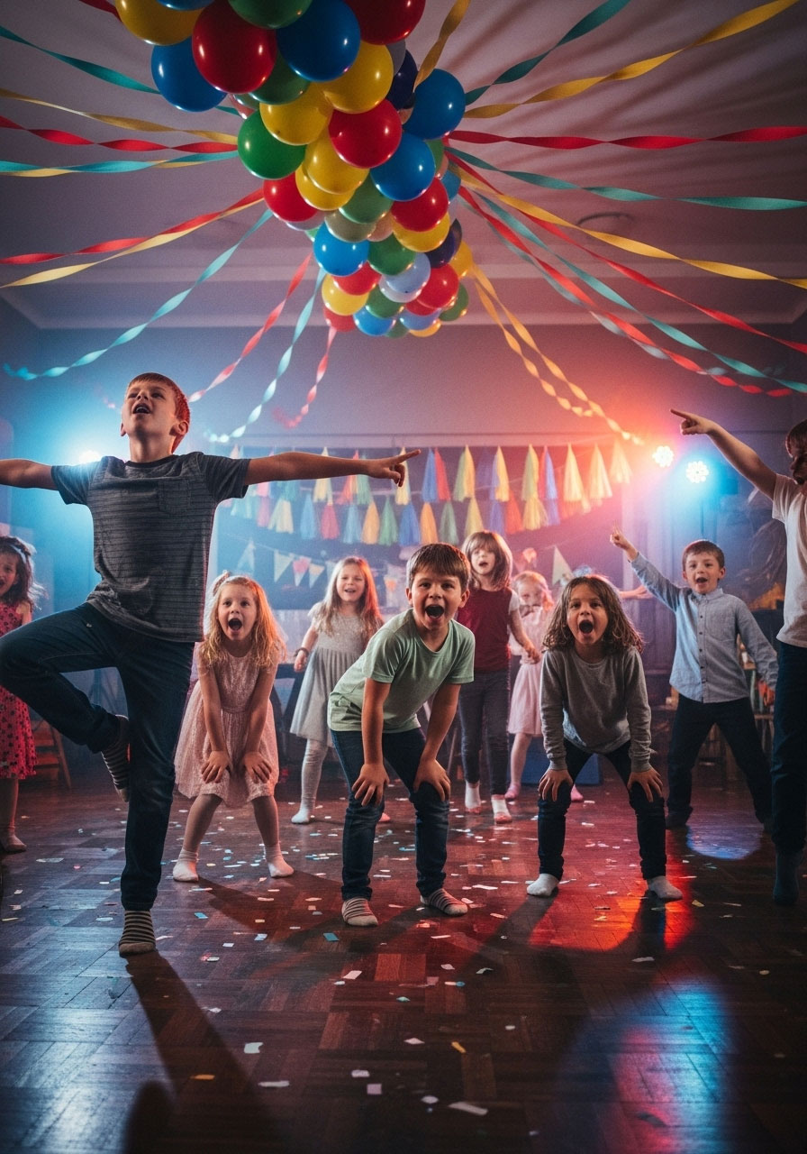 Kids frozen in funny dance poses playing freeze dance at indoor birthday party celebration