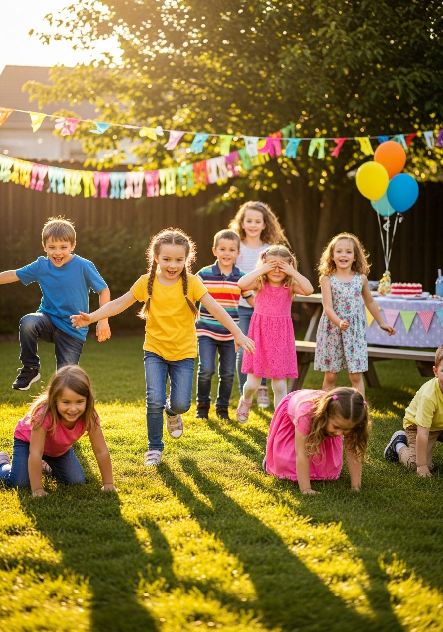 Kindergarten children playing freeze tag with some frozen and others running at outdoor birthday party