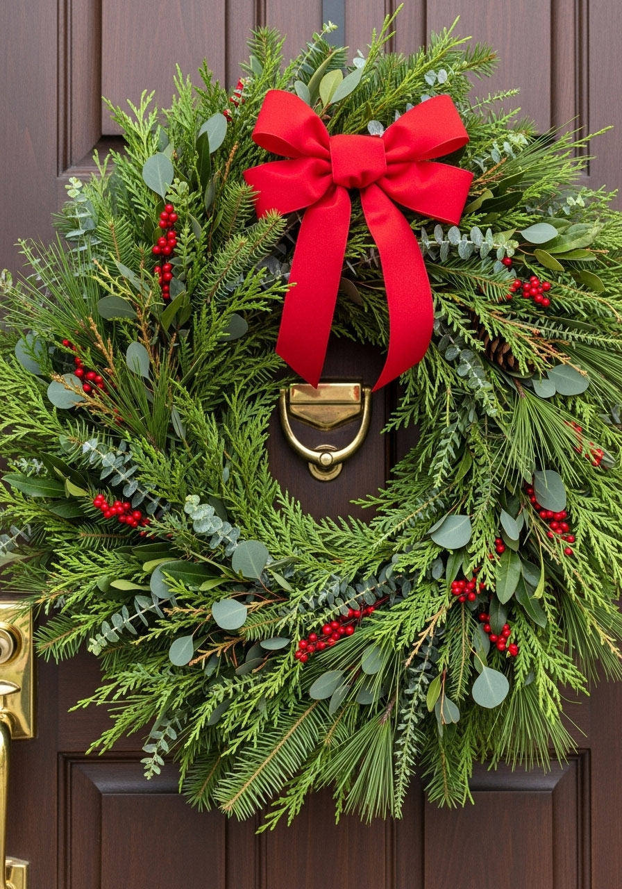 Fresh greenery Christmas wreath DIY for adults, handmade holiday door decoration with pine and cedar