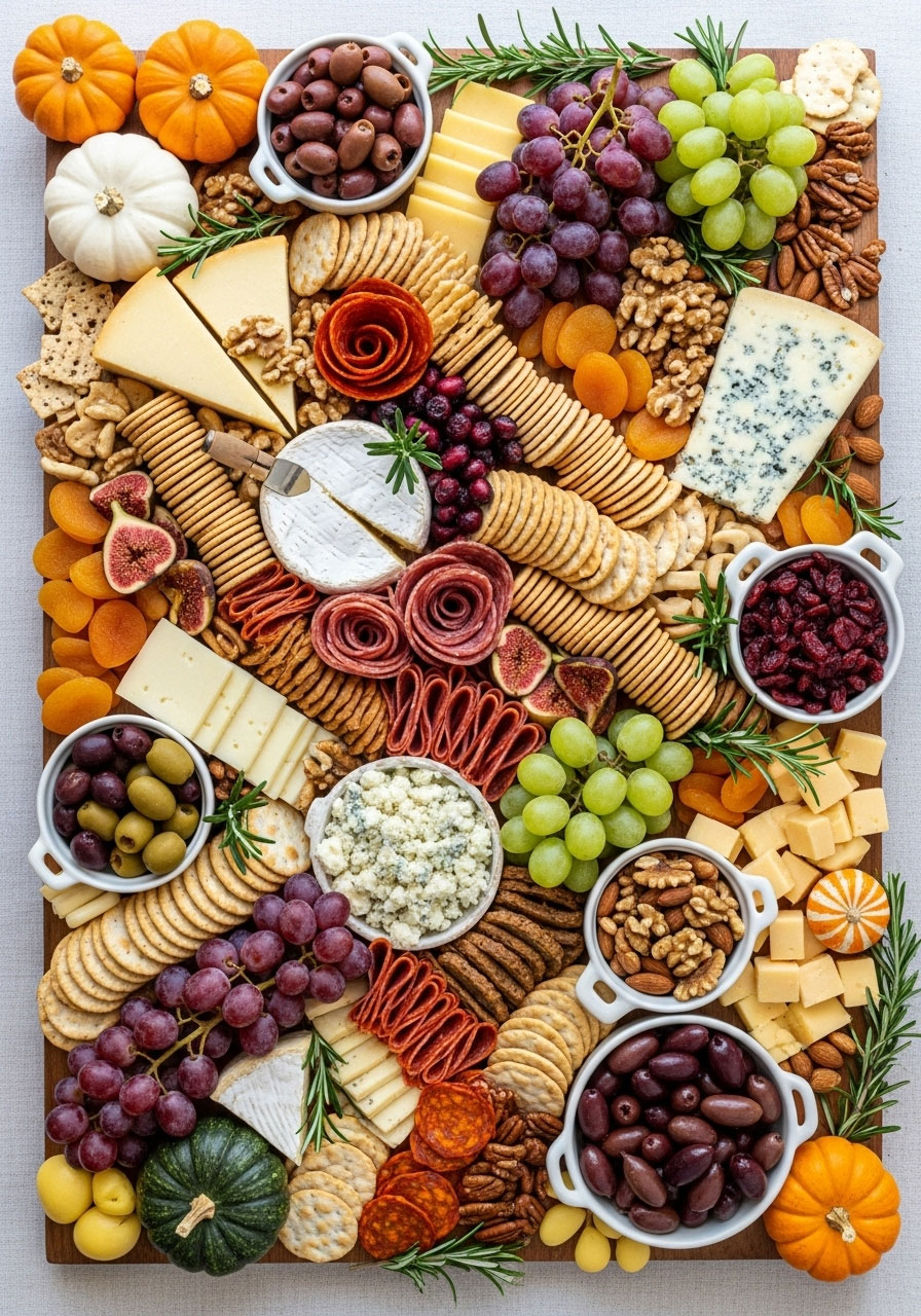 Large autumn-themed charcuterie board with assorted cheeses, meats, fruits, and crackers arranged with fall decorations