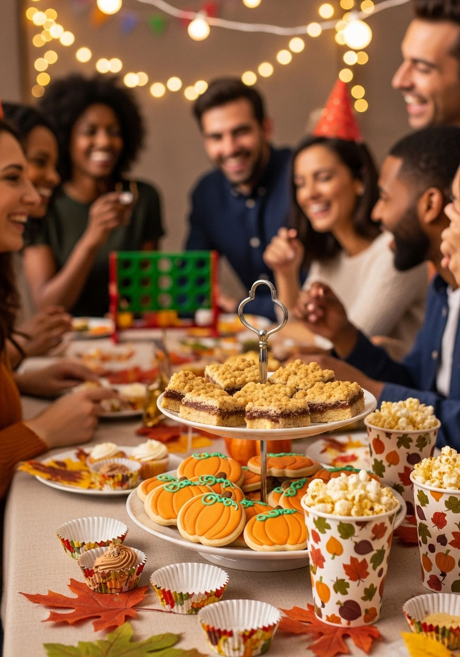 Friendsgiving dessert table with seasonal treats and friends playing party games in cozy fall-decorated setting