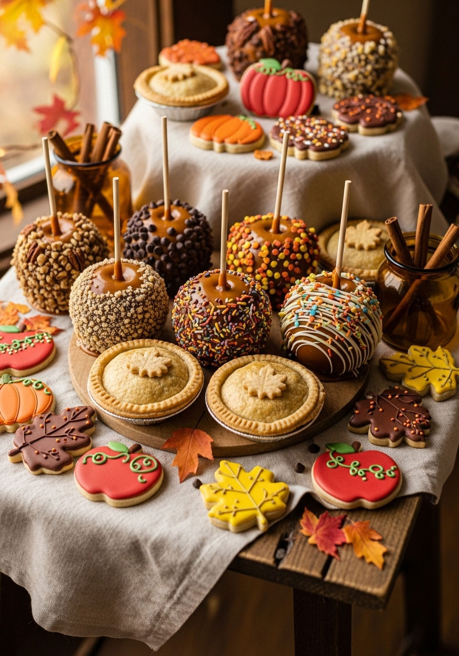 Kids Friendsgiving dessert table with caramel apples, mini apple pies, and decorated autumn sugar cookies