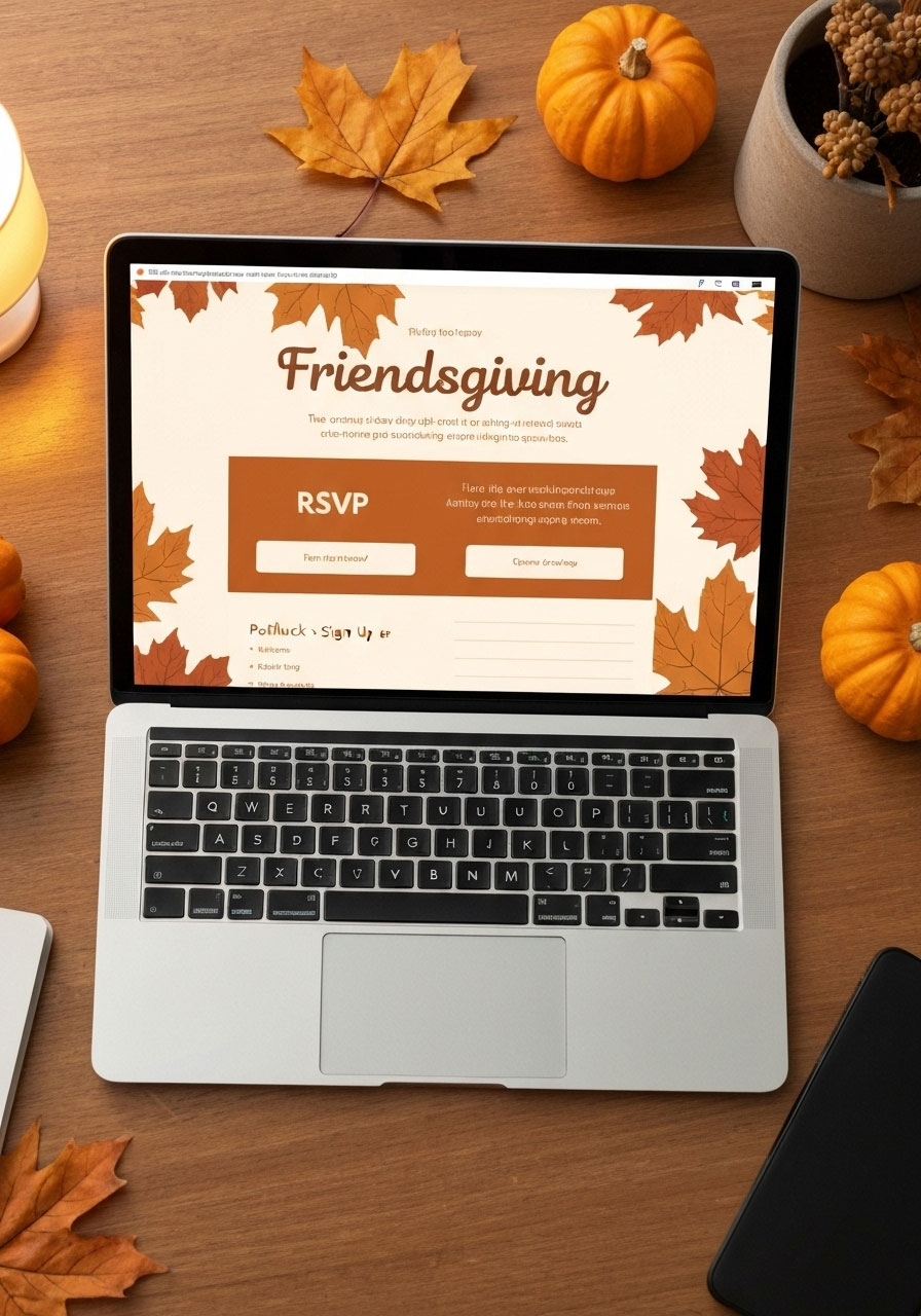 Person creating digital Friendsgiving invitation on laptop with RSVP tracking and potluck sign-up features for easy party planning