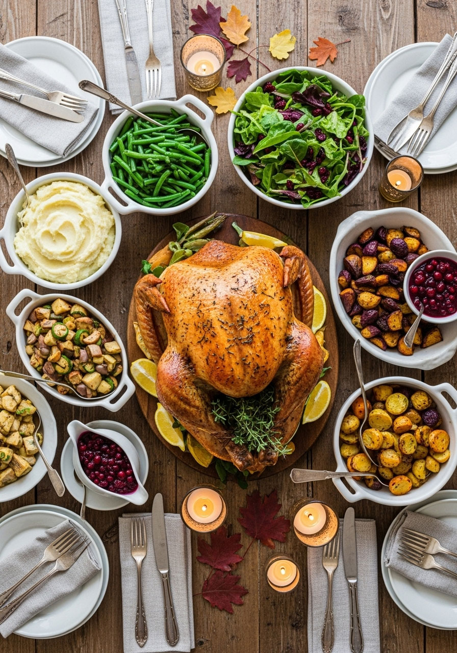 Complete Friendsgiving dinner table spread with main dish and variety of potluck side dishes in white serving bowls