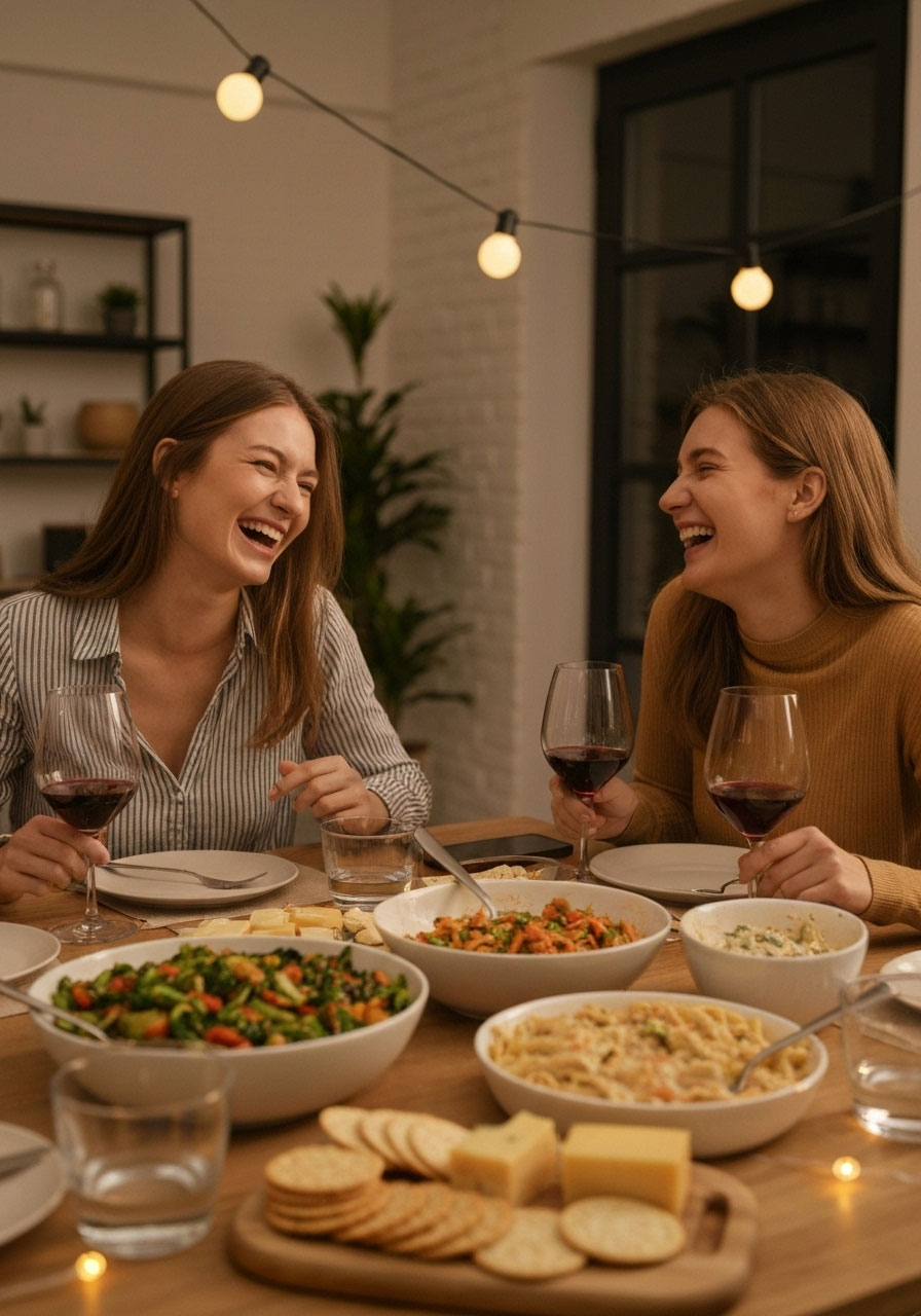 Young friends celebrating Friendsgiving with potluck dinner and festive decorations in modern home setting