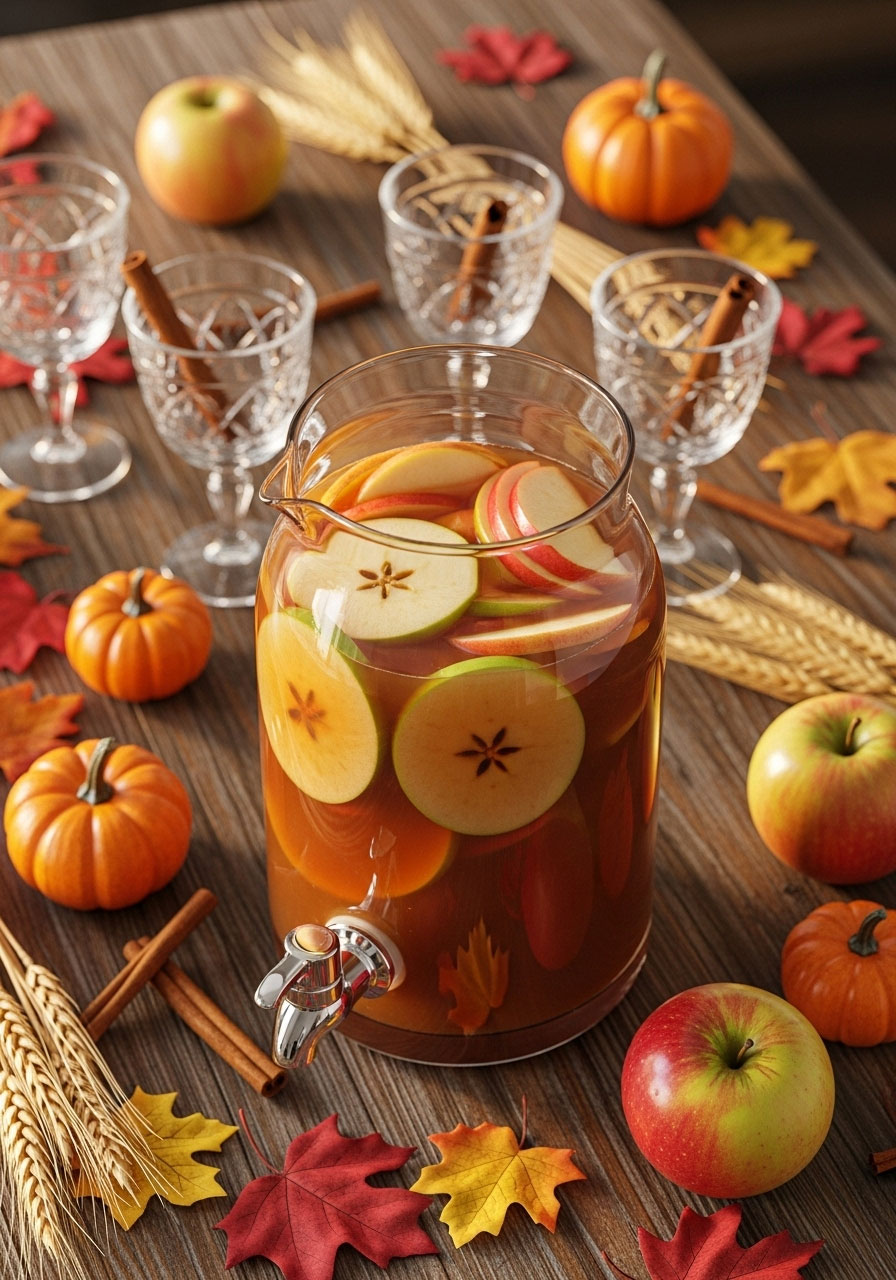 Glass beverage dispenser with caramel apple sangria and cocktail glasses for Friendsgiving party drinks station