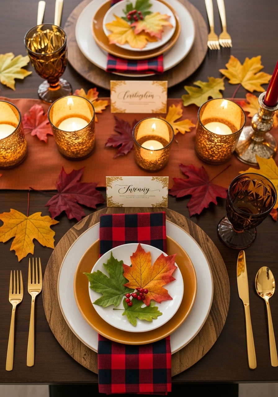 Elegant Friendsgiving table place setting with layered plates, buffalo check napkins, and fall leaf decorations