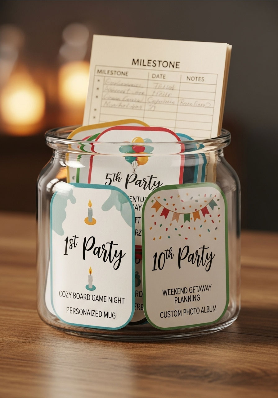 Friendship milestone celebration jar with numbered party achievement cards