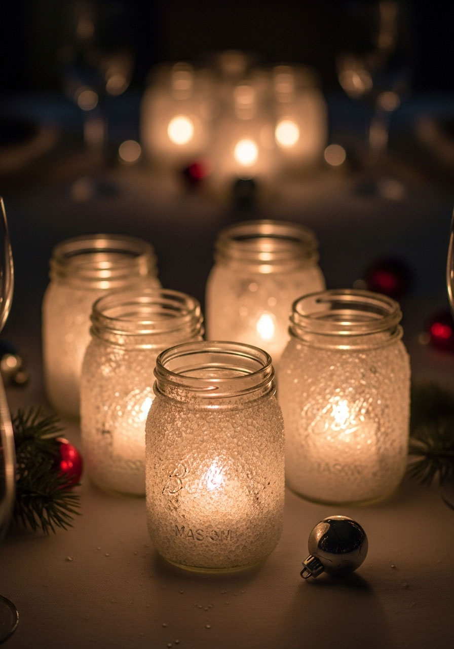 Frosted mason jar luminaries Christmas craft for adults, elegant snow-covered glass candle holders with Epsom salt