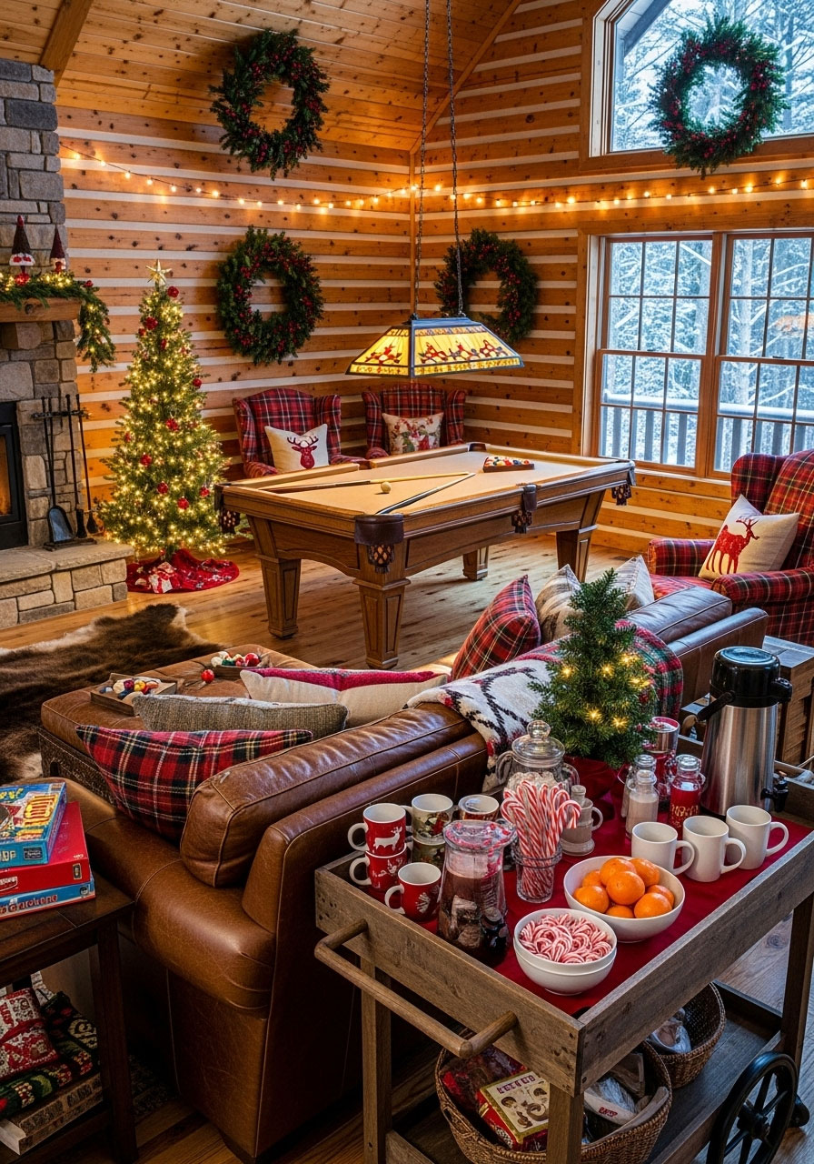 Cabin game room decorated for Christmas with pool table, wall wreaths, string lights, and cozy seating for holiday entertainment