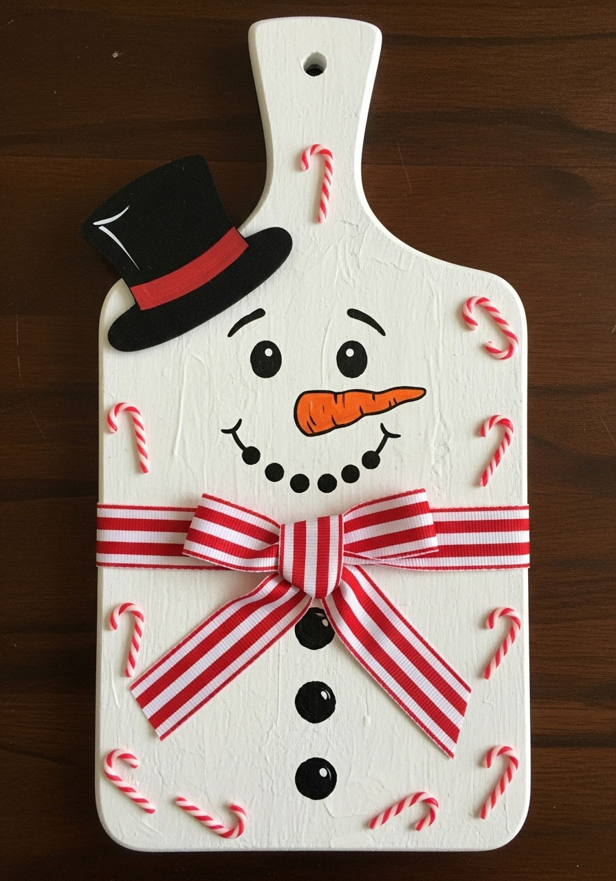 Frosty snowman face painted on Dollar Tree cutting board with candy cane decorations and festive red scarf