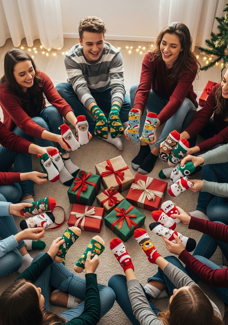 Teenagers sitting in circle playing Christmas sock exchange game with colorful novelty socks and wrapped gifts during holiday party