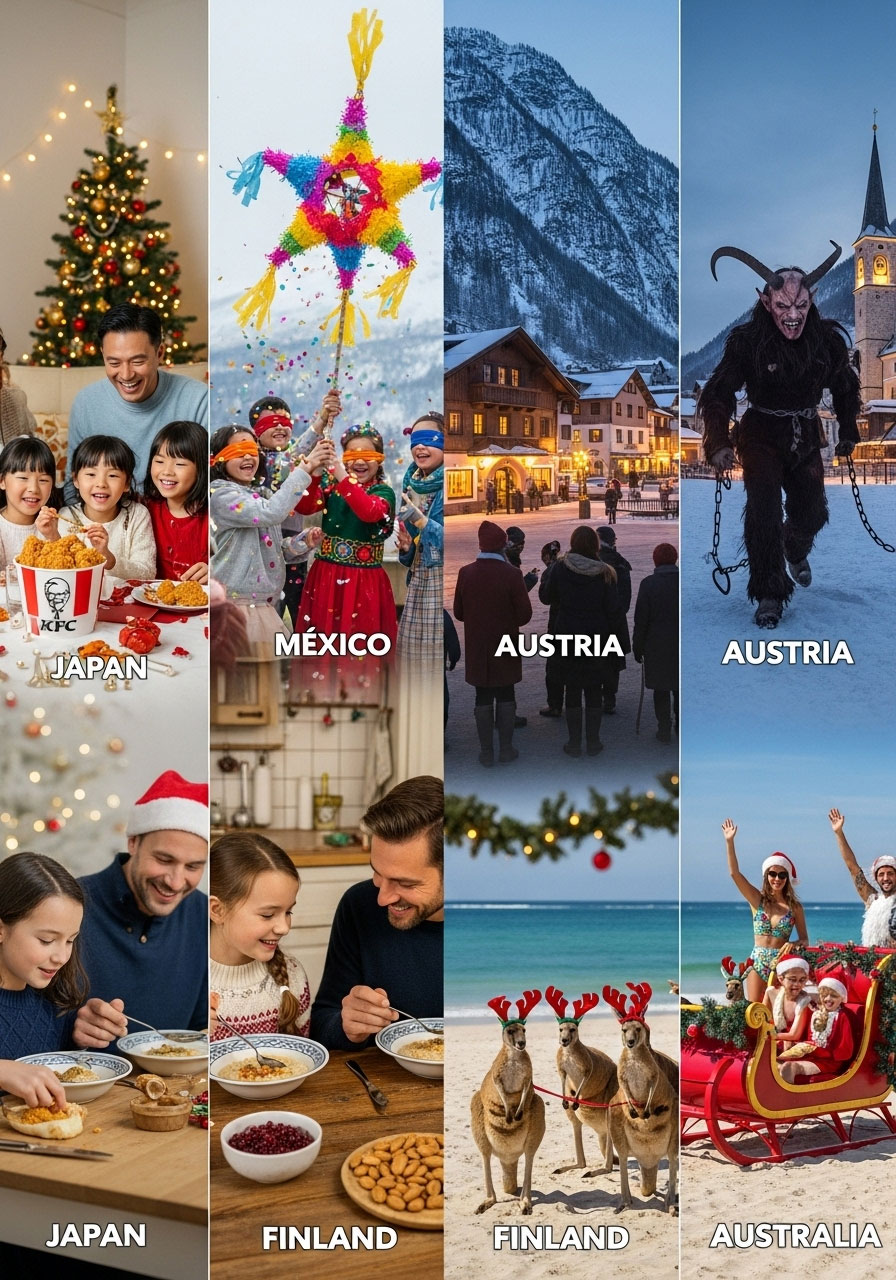 International Christmas traditions collage showing Mexico piñatas, Japan KFC, Finland, Austria Krampus - global trivia visualization