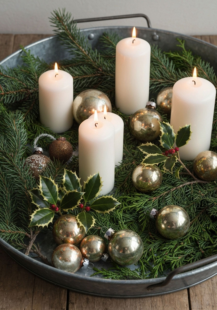 Galvanized metal tray Christmas centerpiece with fresh greenery, white candles and vintage ornaments
