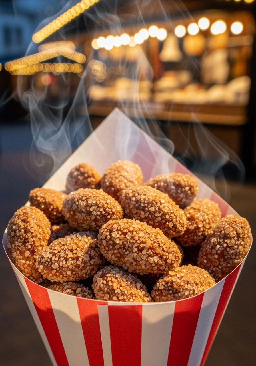 Gebrannte Mandeln cinnamon sugar coated almonds served warm in paper cone at German Christmas market