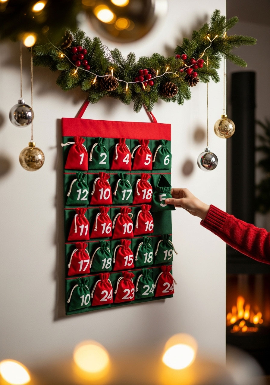 Traditional German fabric advent calendar with 24 numbered cloth bags hanging on wall for daily Christmas countdown surprises