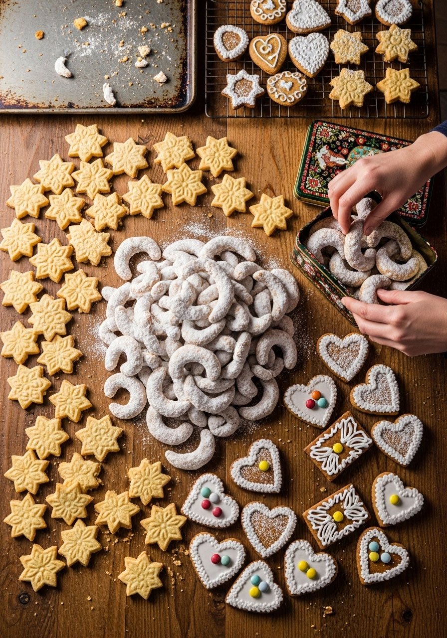 Homemade German Christmas cookies including Vanillekipferl crescents and Spekulatius being arranged in decorative tins for gifting