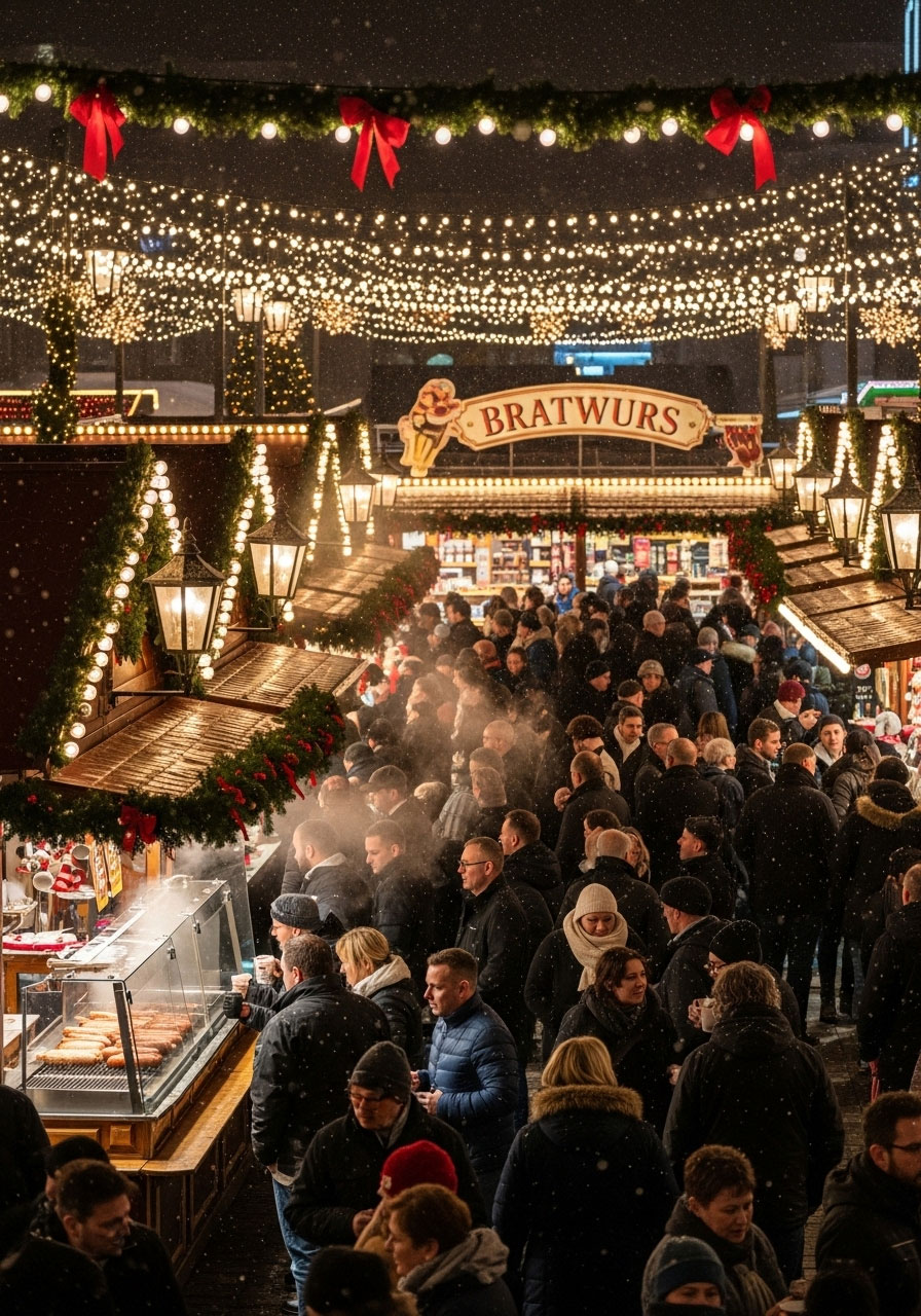 Traditional German Christmas market with illuminated wooden vendor stalls, people enjoying Glühwein and festive atmosphere in evening