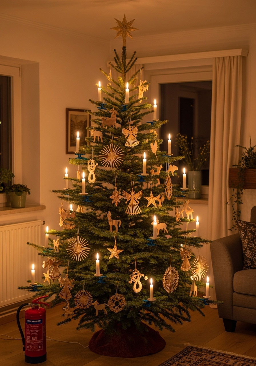 Traditional German Christmas tree decorated with real clip-on candles on branches, wooden ornaments, and safety equipment nearby