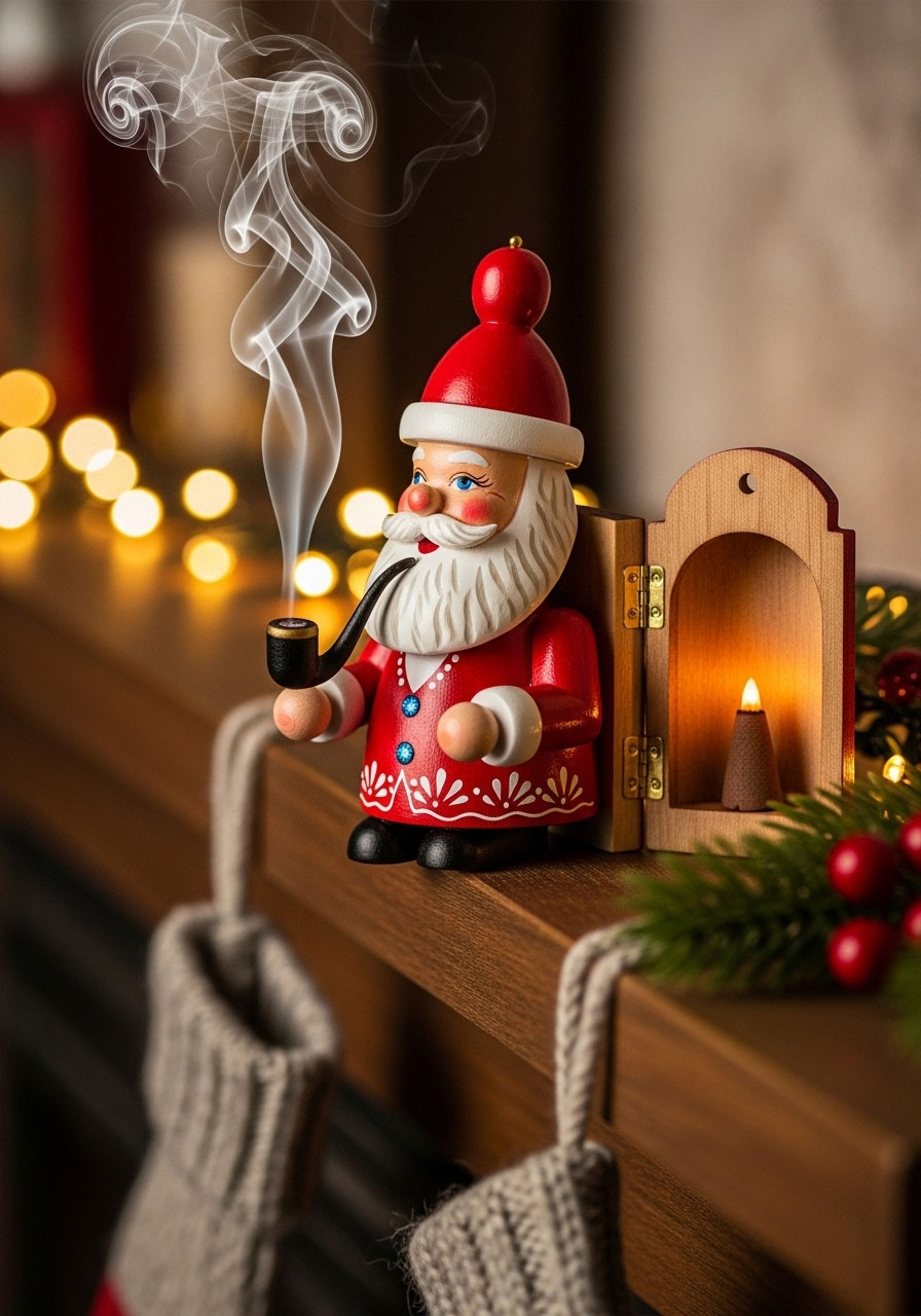 German wooden smoker ornament of Santa Claus with visible smoke coming from pipe powered by incense cone inside