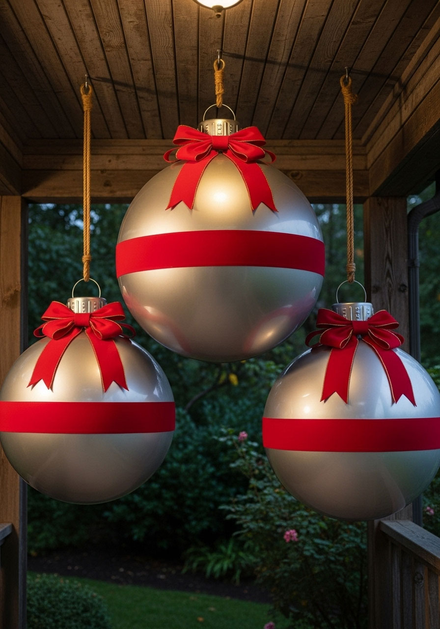 DIY giant silver ball ornaments with red ribbons as Christmas bells
