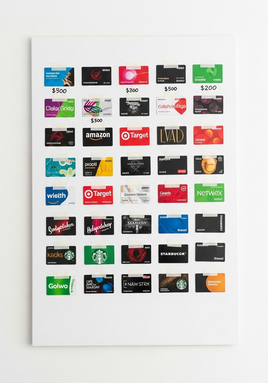 Gift card game board showing various retail gift cards taped over hidden dollar amounts for Let's Make a Deal game Round 2