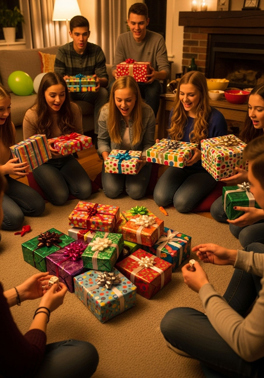 Teenagers playing gift grab game with dice and wrapped presents