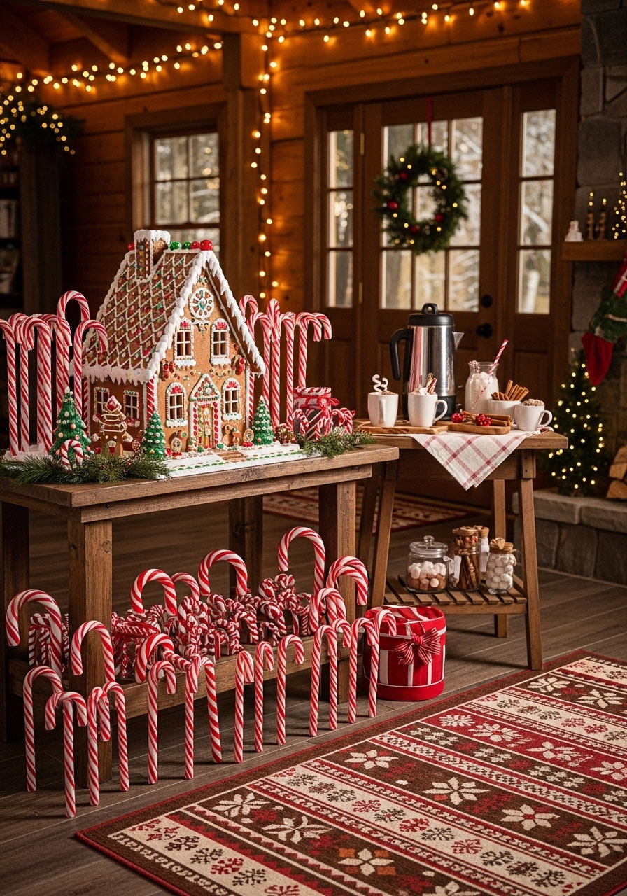 Welcoming cabin foyer decorated in gingerbread theme with house display, candy canes, warm drink station, and festive colors