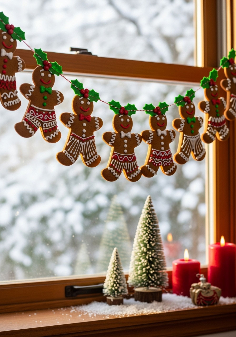 Finished gingerbread man garland above kitchen window showing baked cookies with icing details