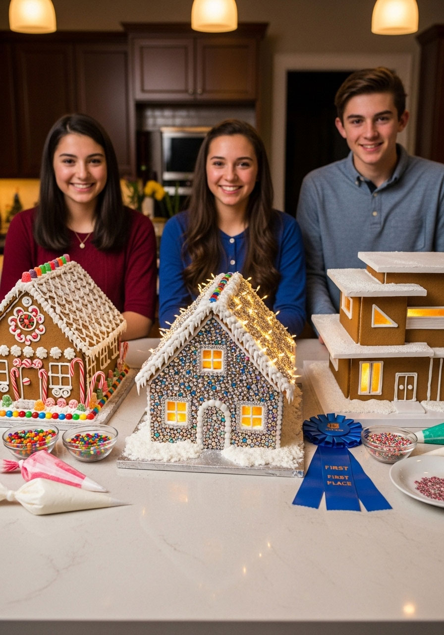 Three unique gingerbread houses decorated by teens including traditional, rhinestone-covered, and modern designs on display with creators