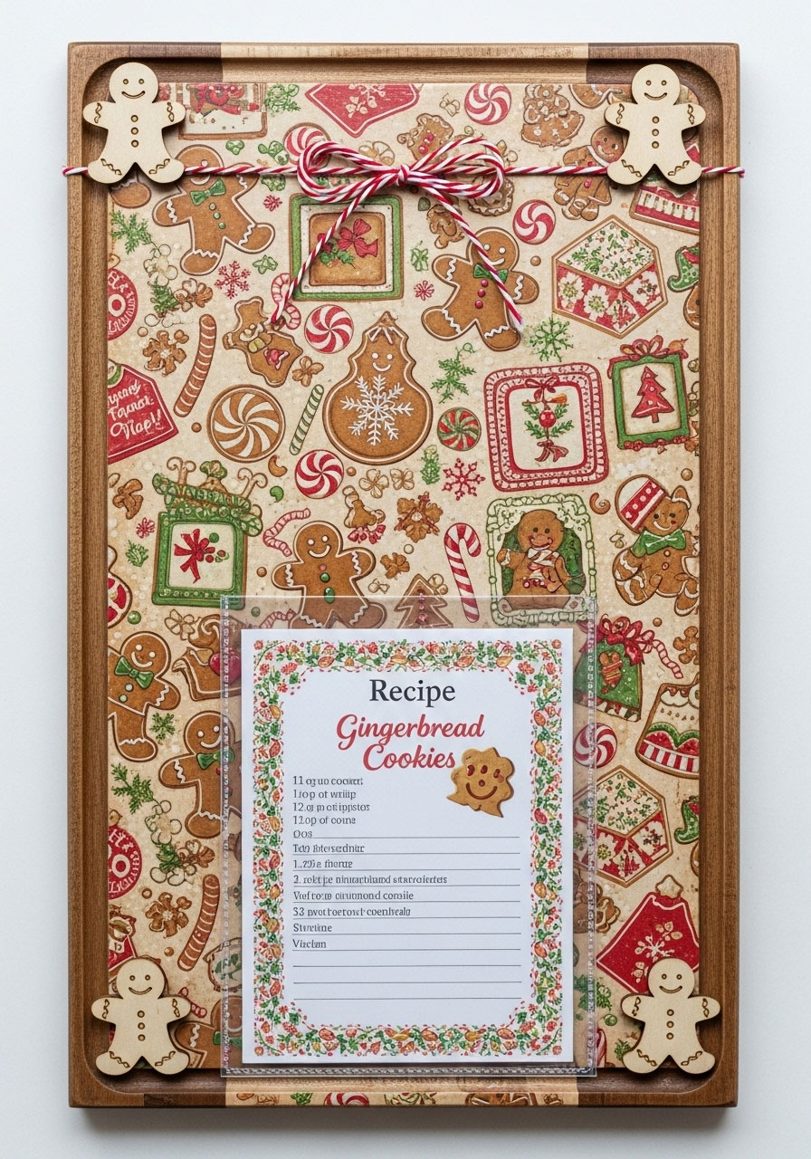 Gingerbread themed Dollar Tree cutting board recipe holder with clear pocket and cookie recipe card display
