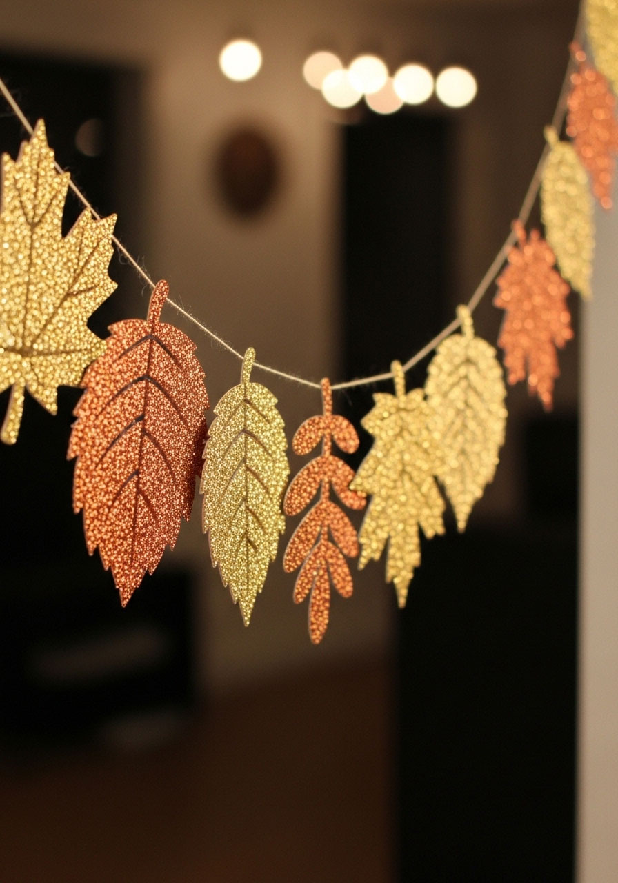 Glittery fall leaves garland craft with sparkly autumn decoration for kids