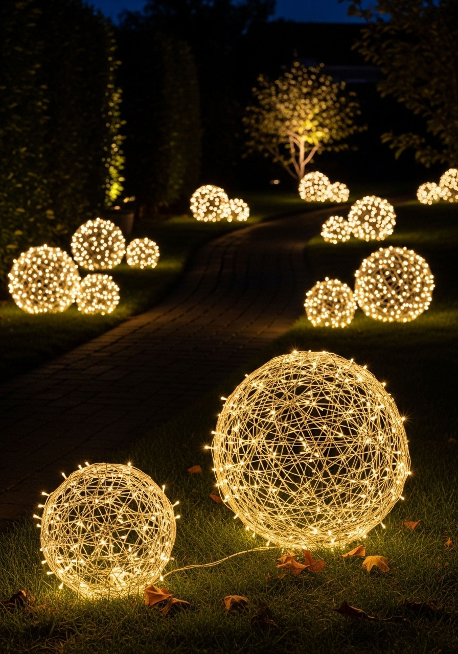 Illuminated garden orbs wrapped in lights scattered along front walkway at night, creating magical glowing constellation