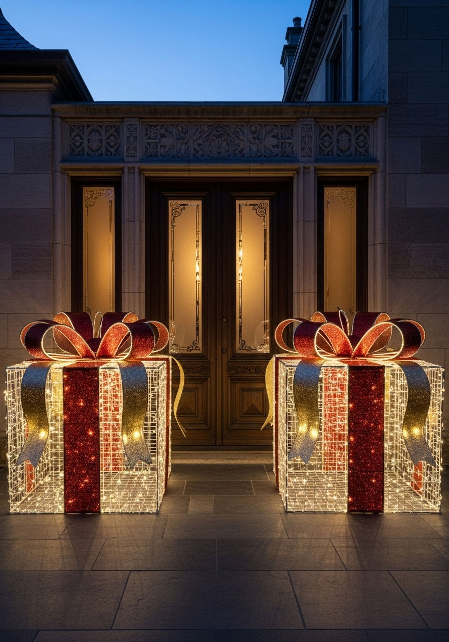 DIY glowing gift boxes with string lights and ribbons flanking doorway