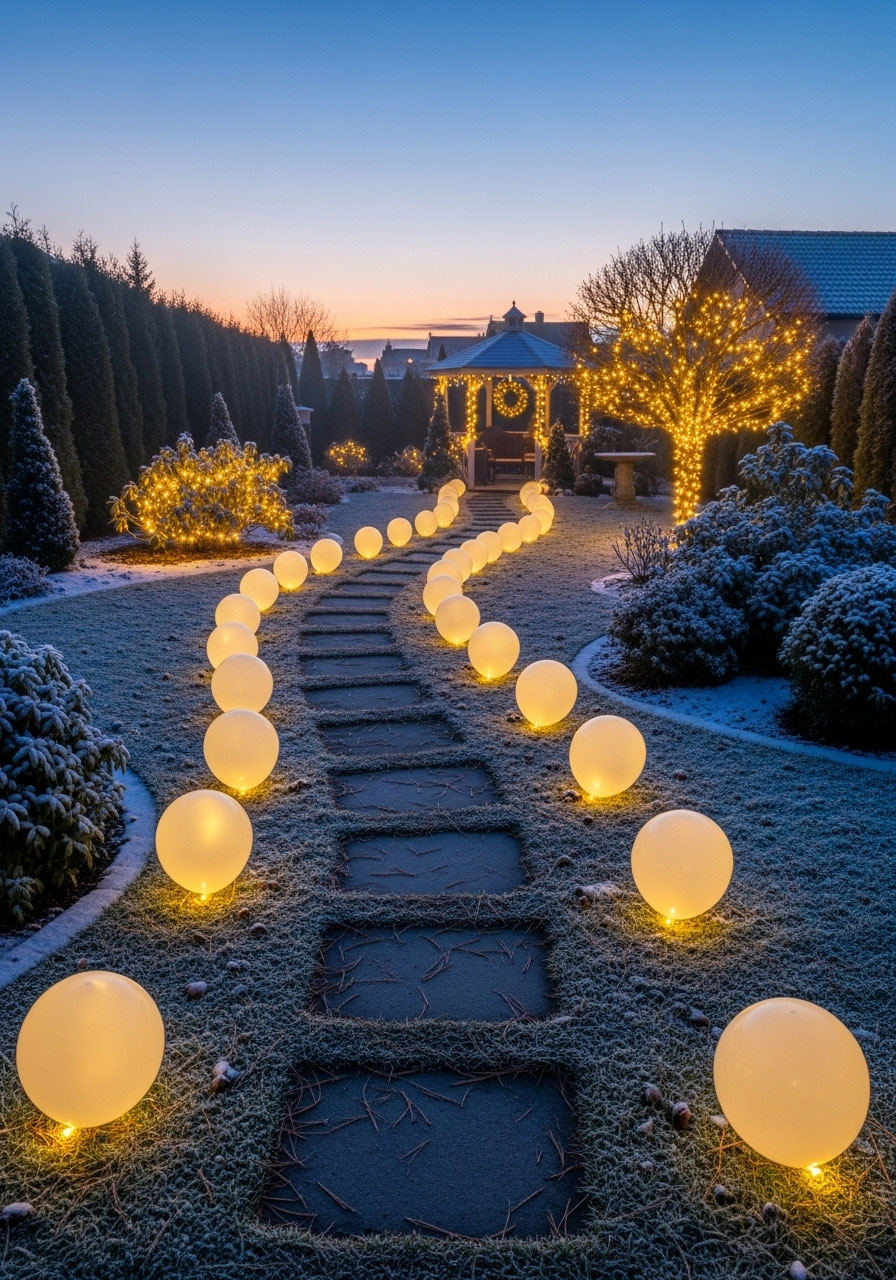DIY glowing snowball pathway with LED light balloons