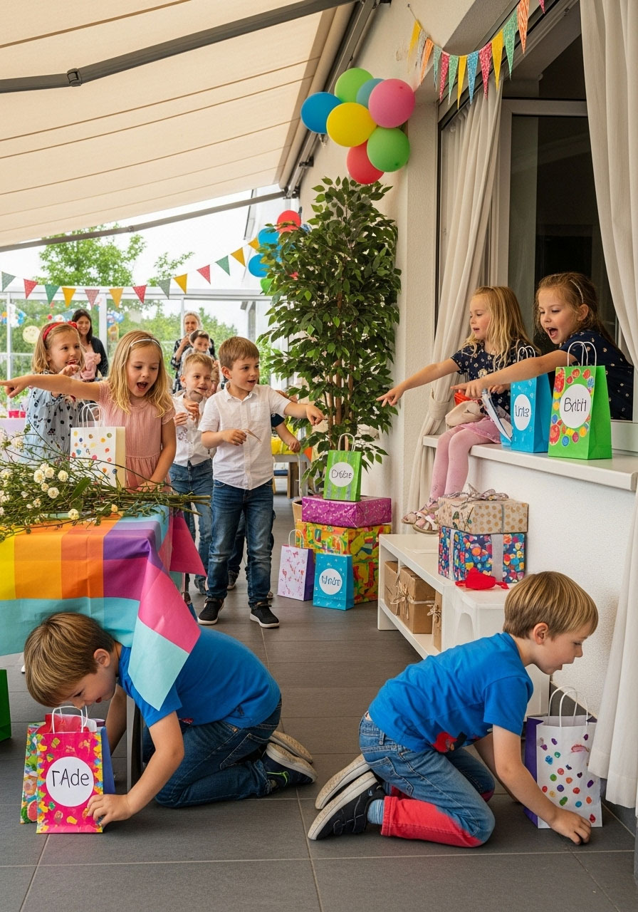 Kindergarten children searching for personalized goodie bags at birthday party treasure hunt finale