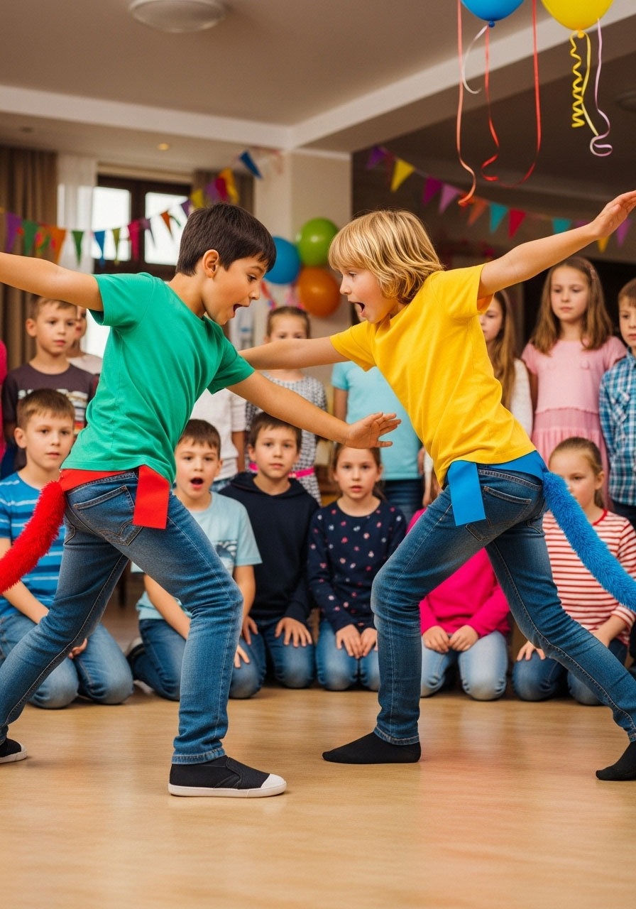 Children with fabric tails playing grab the tail in circle at indoor birthday party