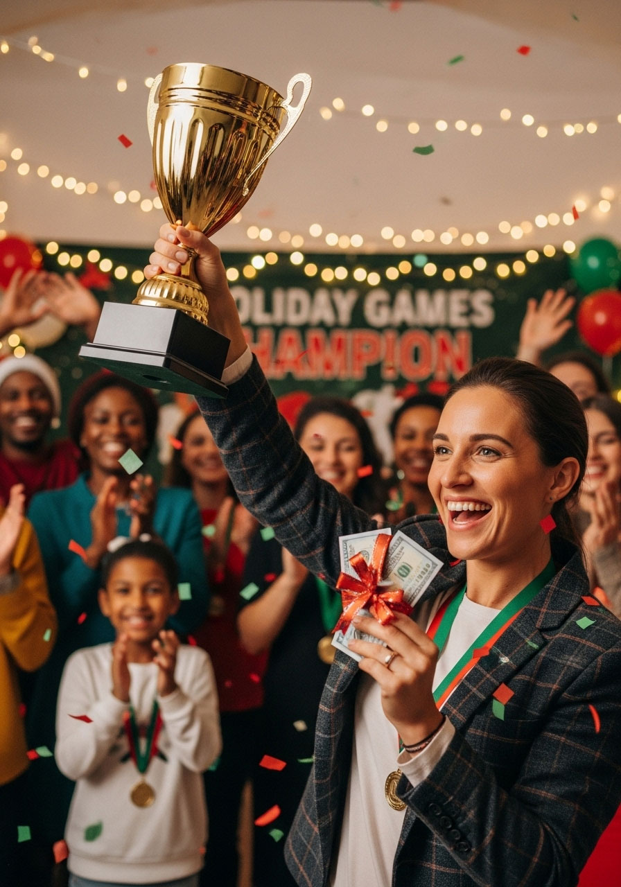 Winner celebrating with grand prize and remaining play money at White Elephant auction finale