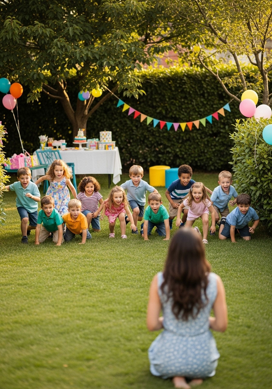 Kids playing grandmother's footsteps game sneaking across backyard at outdoor birthday party