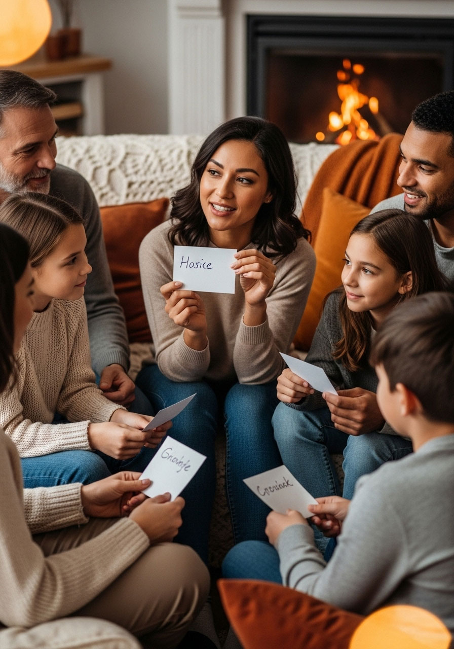Family sitting in circle playing the grateful for you game, sharing why they appreciate each other during Thanksgiving gathering with warm expressions