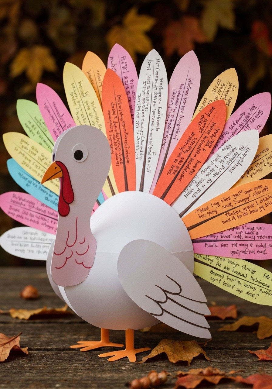 Gratitude turkey craft with thankful messages on feathers for Thanksgiving