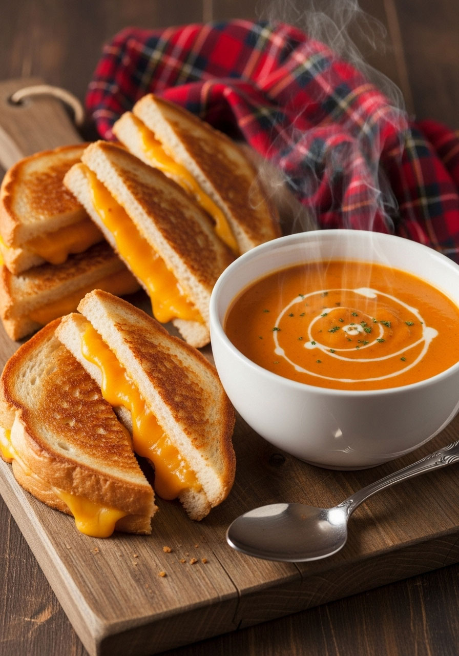 Grilled cheese strips cut for dipping next to bowl of creamy fall soup on rustic wooden board
