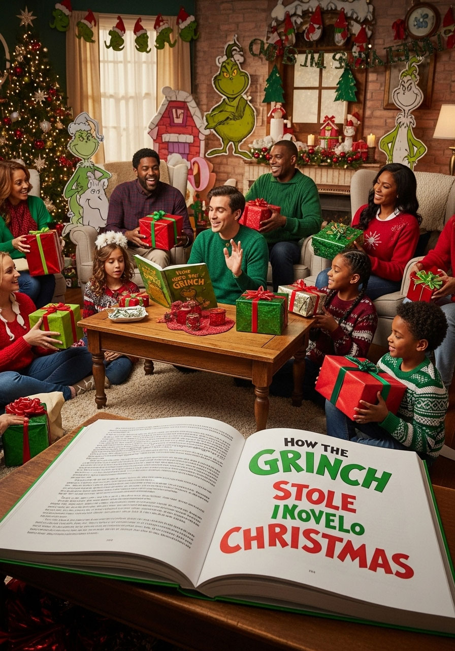 Grinch stole Christmas book with marked words for passing gifts during Grinch themed gift exchange party game