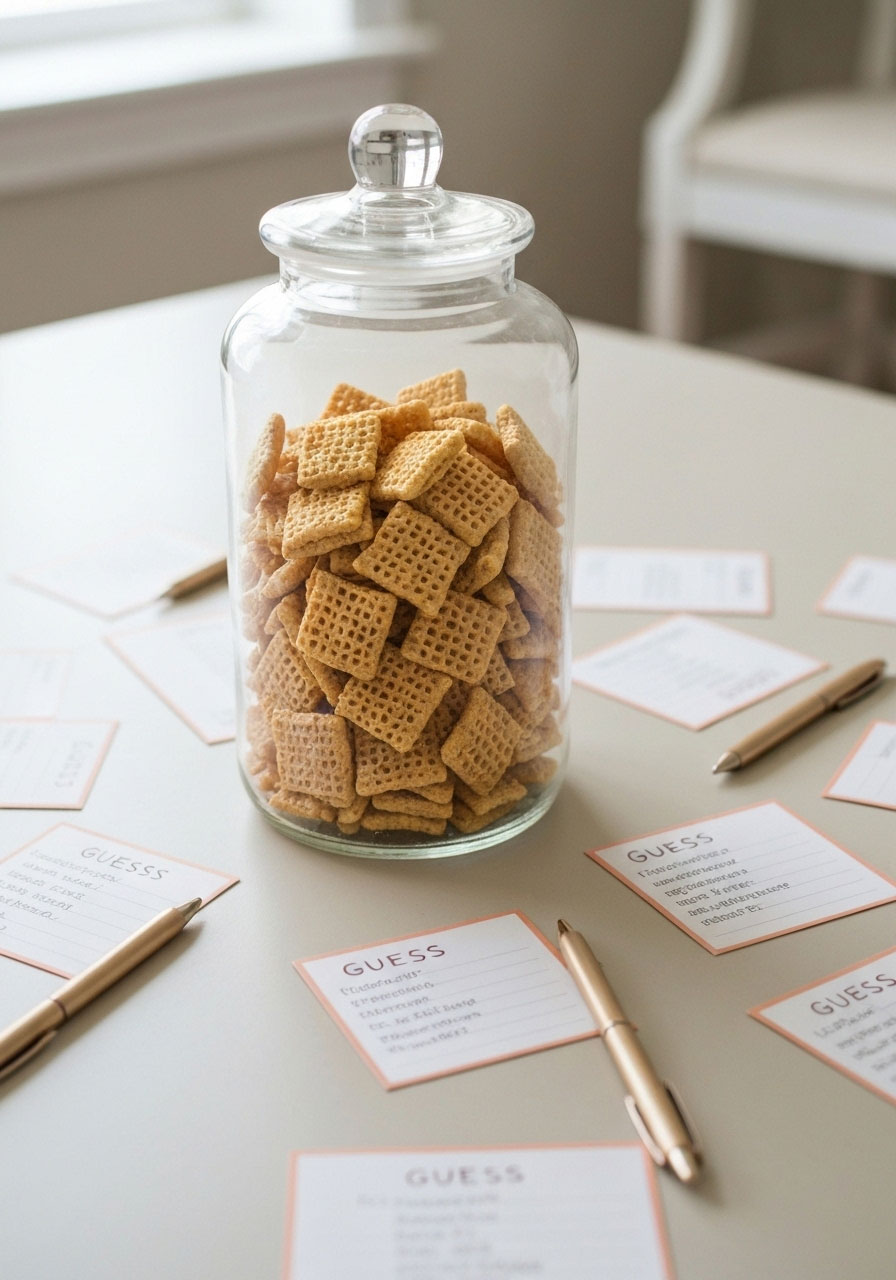 Clear jar filled with honeycomb cereal for guessing game at honeybee baby shower